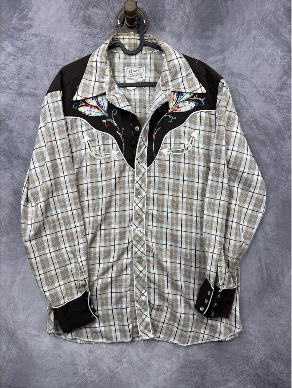 Vintage H Bar C Plaid Pearl Snap Embellished & Embroidered Men's Western Shirt L